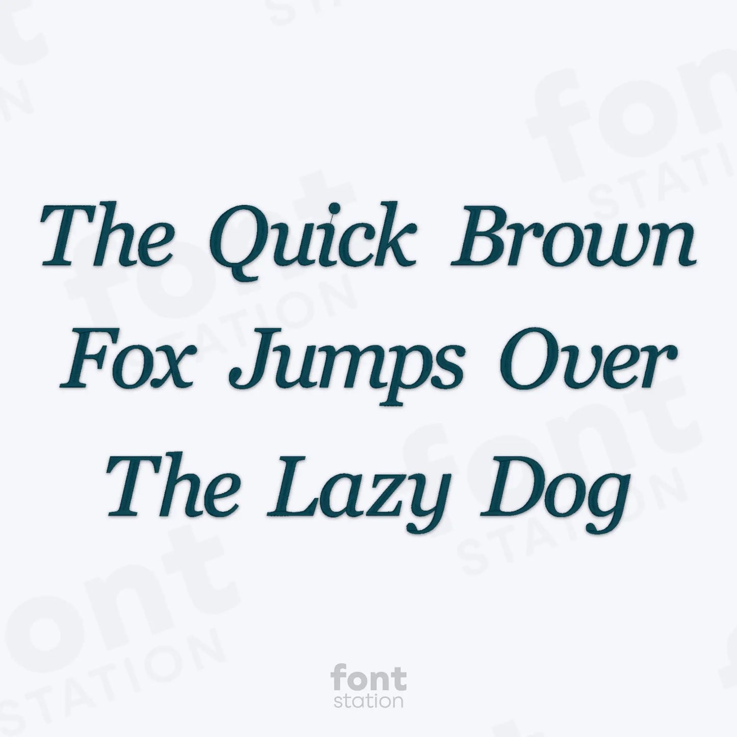 Text 'The Quick Brown Fox Jumps Over The Lazy Dog' using the Georgia Italic embroidery font on a light gray background.