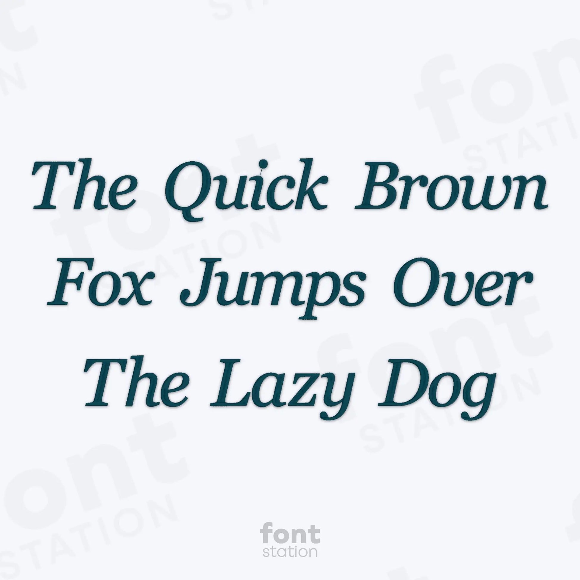 Text 'The Quick Brown Fox Jumps Over The Lazy Dog' using the Georgia Italic embroidery font on a light gray background.