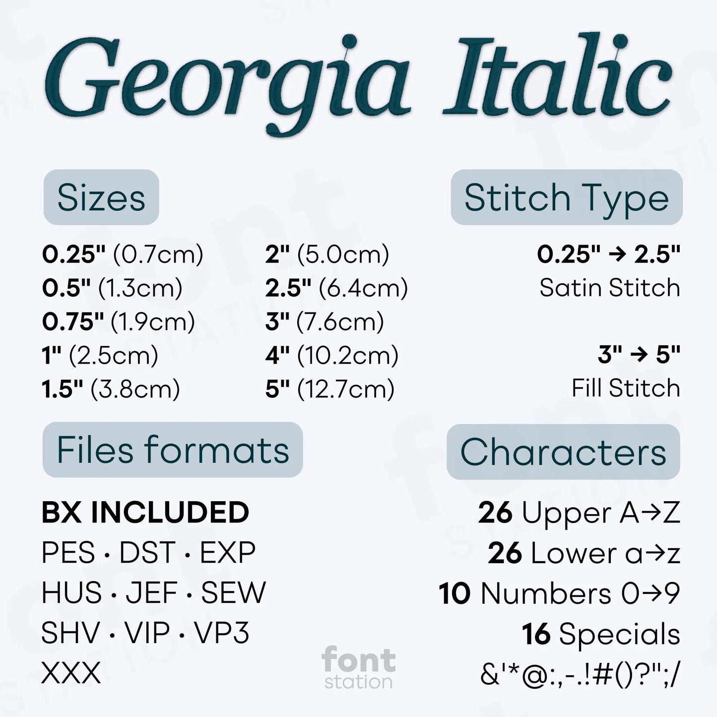 Image showing the different files formats, sizes, stitch type and available characters of the Georgia Italic Embroidery Font by FontStation