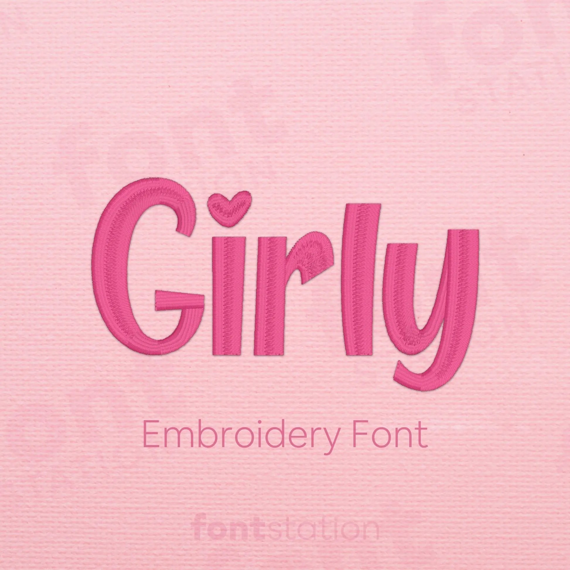 Main image of the Girly embroidery font created by FontStation.