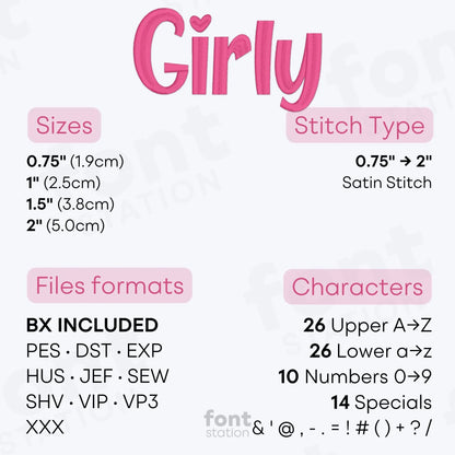 Image showing the different files formats, sizes, stitch type and available characters of the Girly Embroidery Font by FontStation