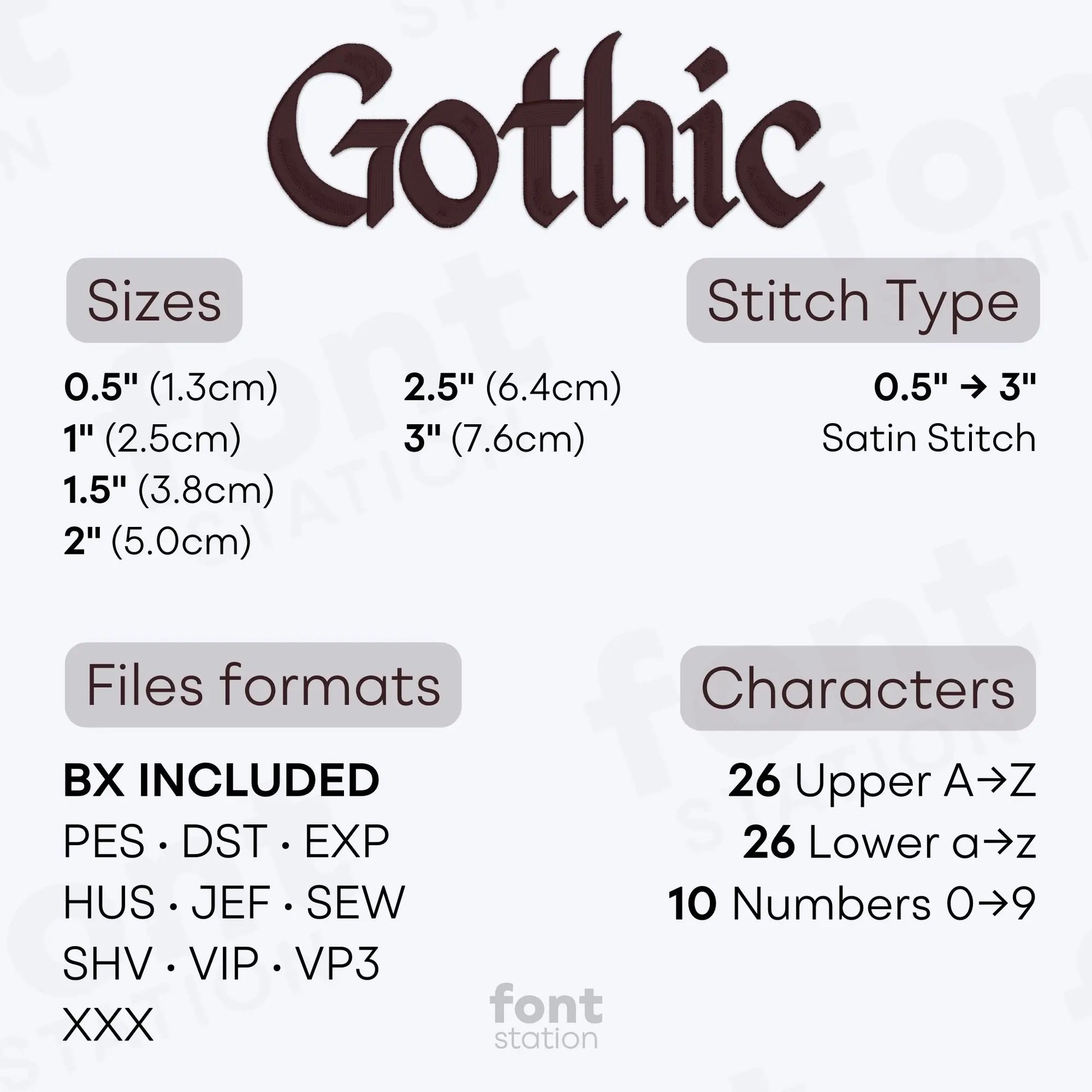 Image showing the different files formats, sizes, stitch type and available characters of the Gothic Embroidery Font by FontStation
