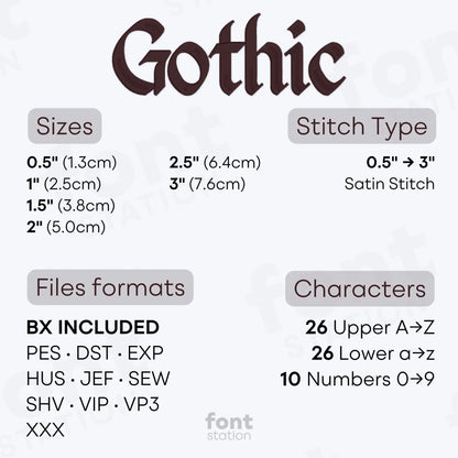 Image showing the different files formats, sizes, stitch type and available characters of the Gothic Embroidery Font by FontStation