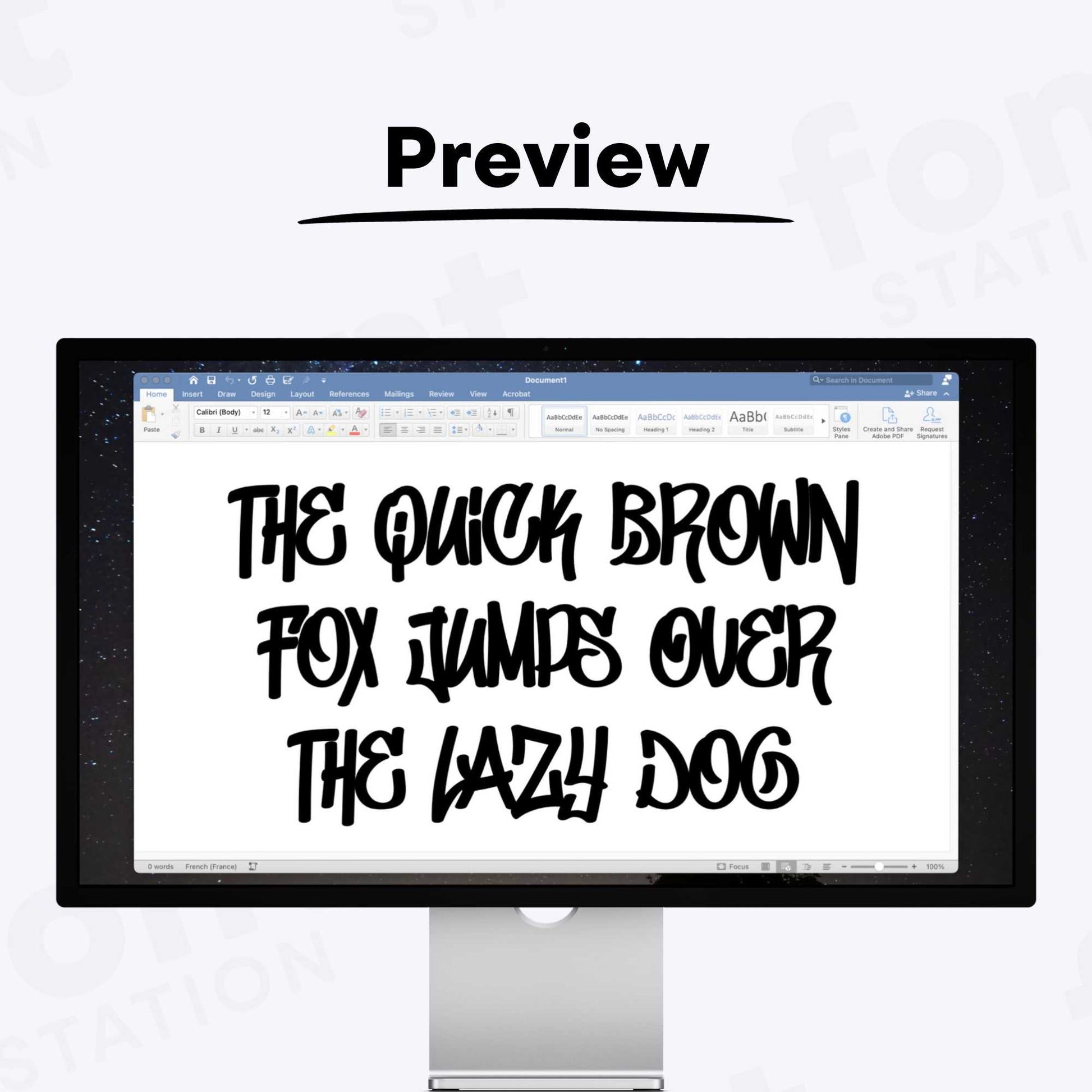 A complete showcase image of the Graffiti font, featuring the text 'The quick brown fox jumps over the lazy dog' to display every letter of the alphabet.