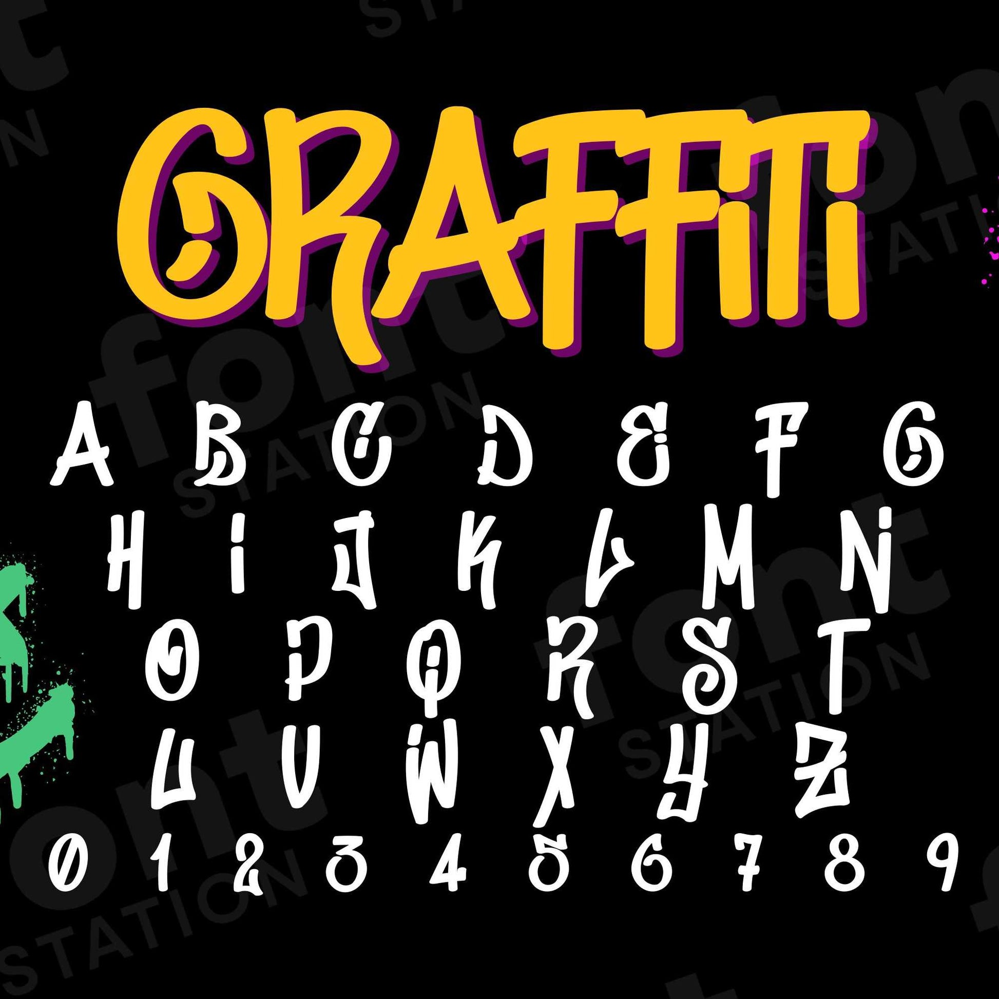 Image showing all characters available in the Graffiti font created by FontStation.