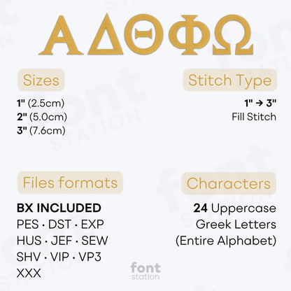 Image showing the different files formats, sizes, stitch type and available characters of the Greek Letters Embroidery Font by FontStation
