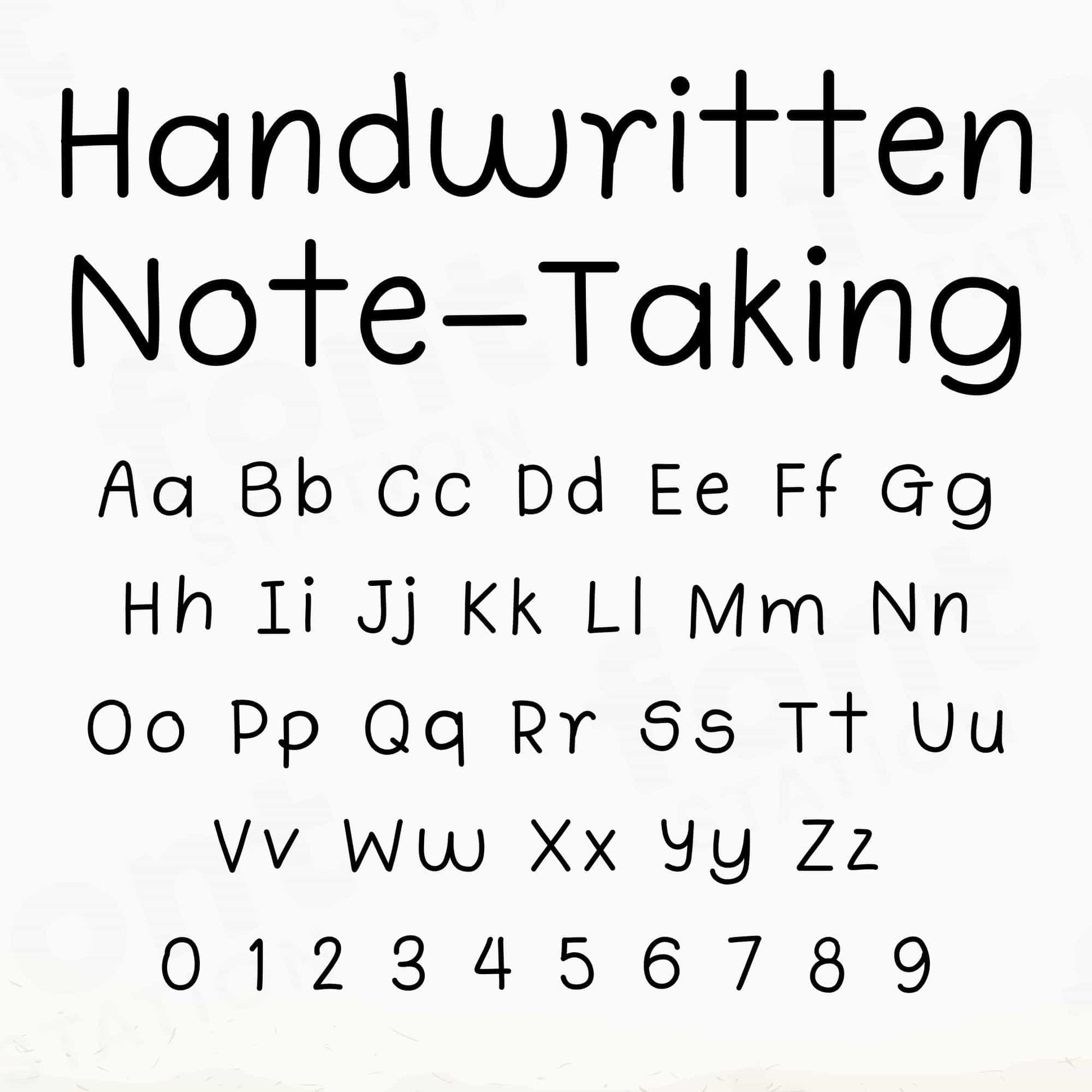 Image showing all characters available in the Handwritten Note Taking font created by FontStation.