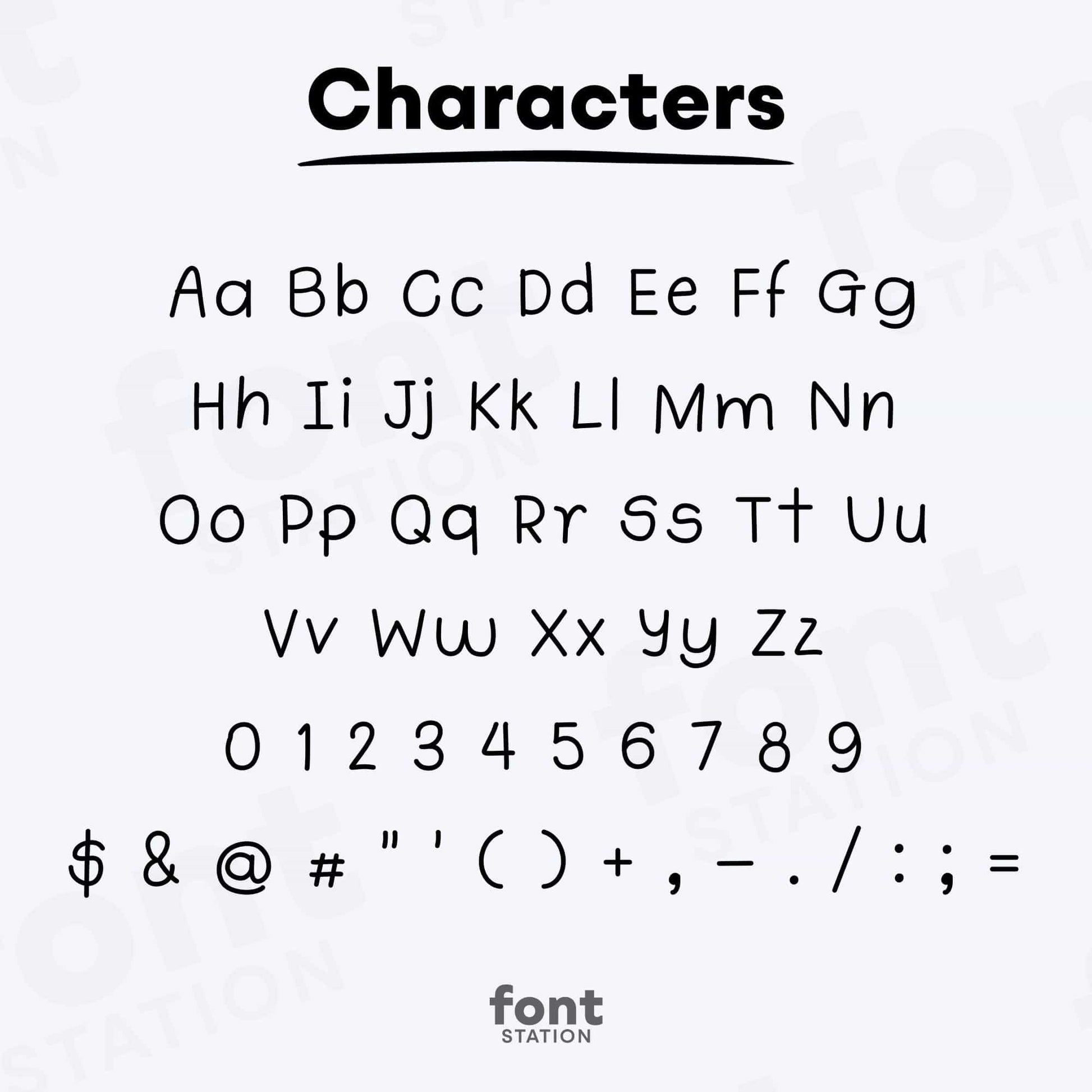 Image showing all characters available in the Handwritten Note Taking font created by FontStation.