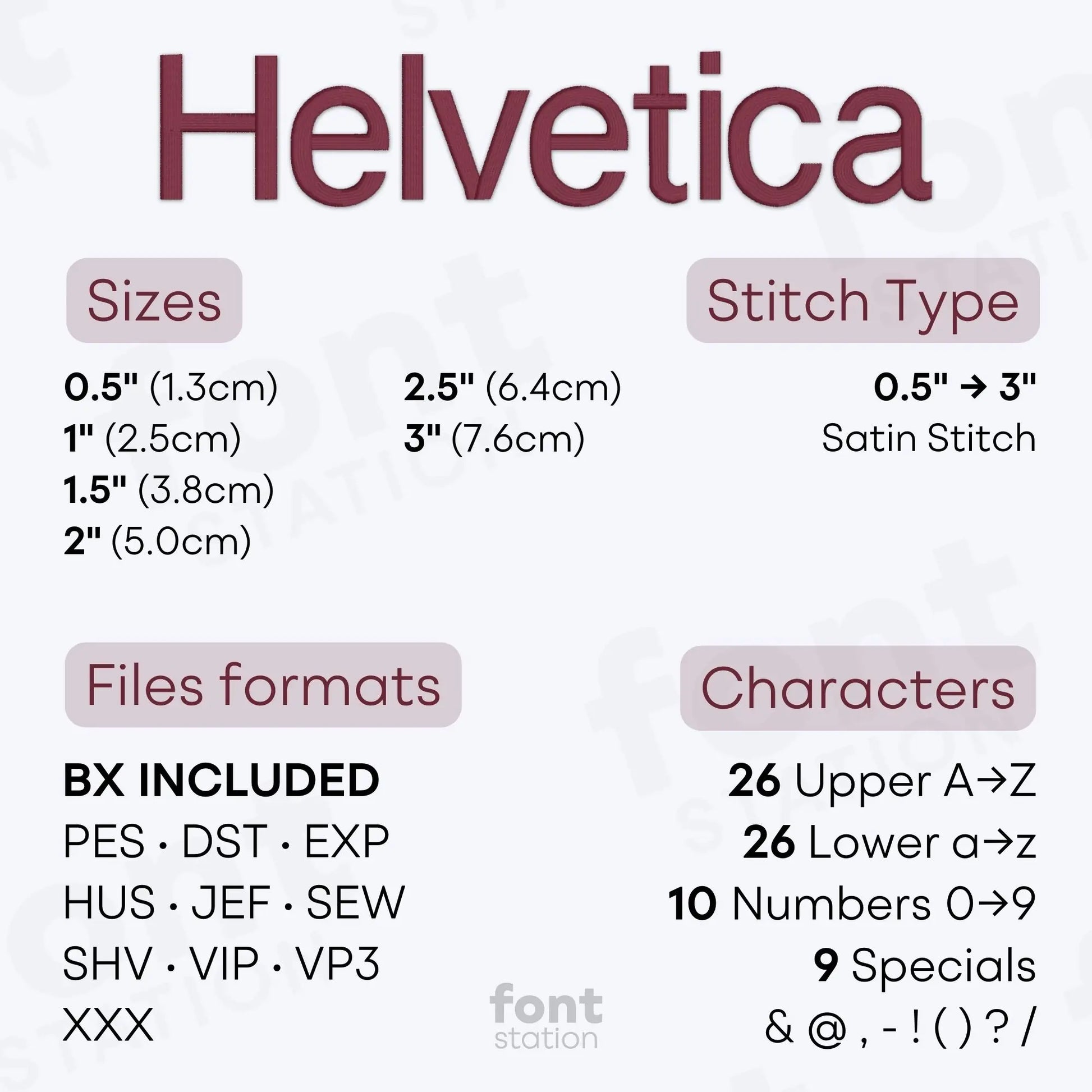 Image showing the different files formats, sizes, stitch type and available characters of the Helvetica Embroidery Font by FontStation