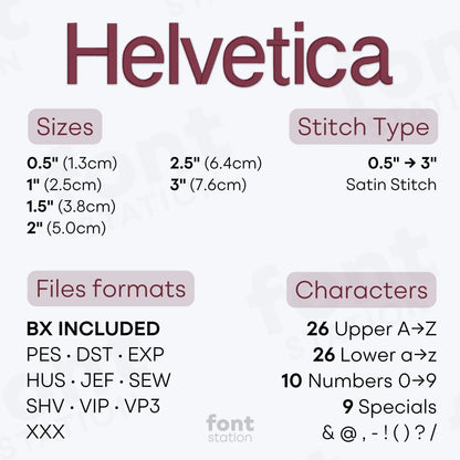 Image showing the different files formats, sizes, stitch type and available characters of the Helvetica Embroidery Font by FontStation