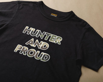 Sublimated T-Shirt with Hunting Distressed Font Typography - Fashionable Apparel Displaying Stylish Lettering