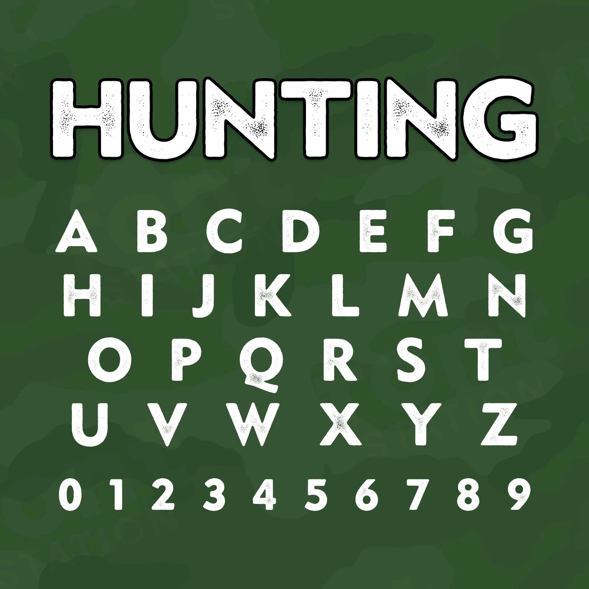Image showing all characters available in the Hunting Distressed font created by FontStation.