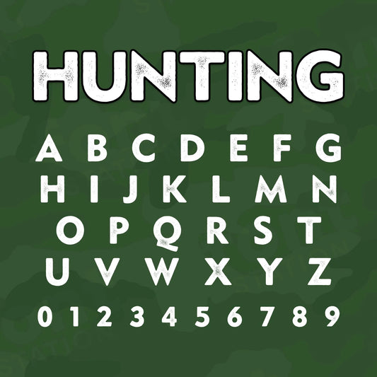 Image showing all characters available in the Hunting Distressed font created by FontStation.