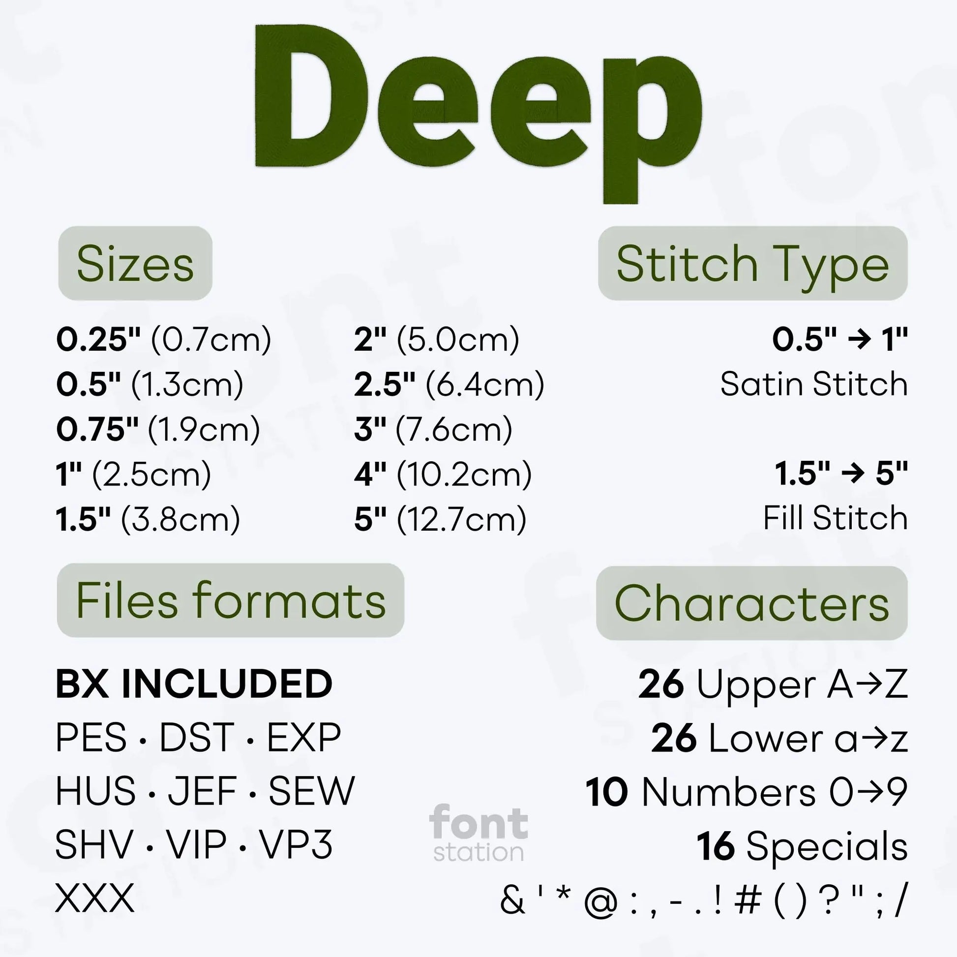 Image showing the different files formats, sizes, stitch type and available characters of the Jeep Embroidery Font by FontStation