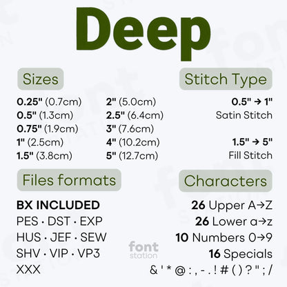 Image showing the different files formats, sizes, stitch type and available characters of the Jeep Embroidery Font by FontStation