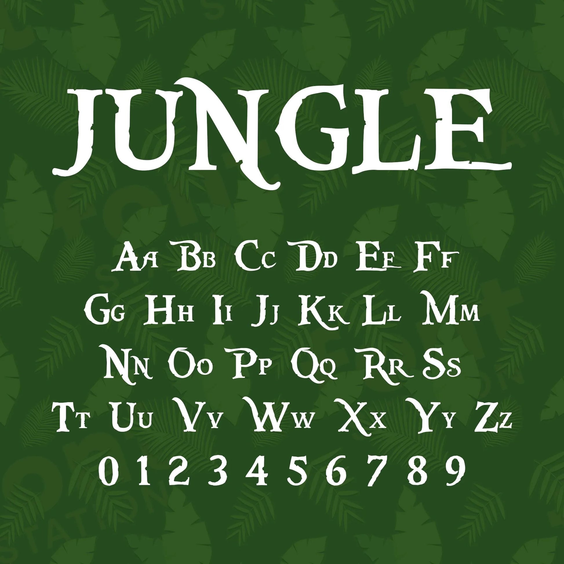 Image showing all characters available in the Jungle font created by FontStation.