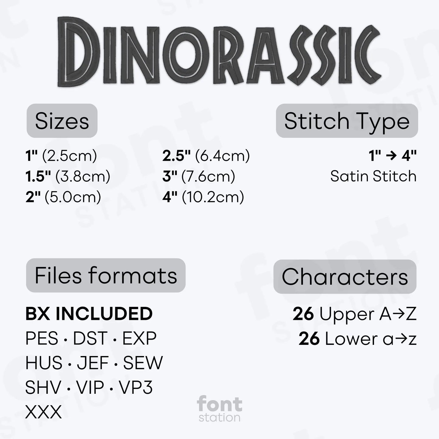 Image showing the different files formats, sizes, stitch type and available characters of the Jurassic Embroidery Font by FontStation