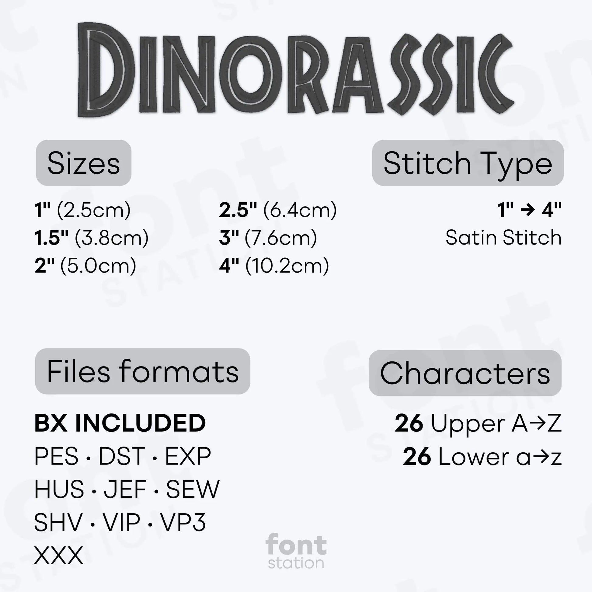 Image showing the different files formats, sizes, stitch type and available characters of the Jurassic Embroidery Font by FontStation