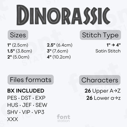 Image showing the different files formats, sizes, stitch type and available characters of the Jurassic Embroidery Font by FontStation