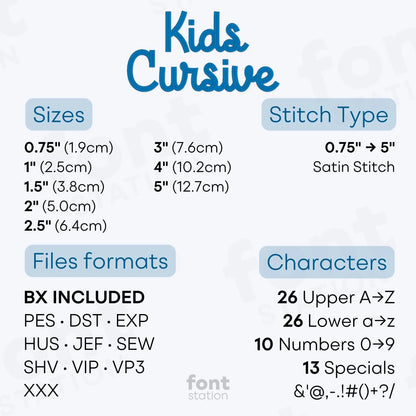 Image showing the different files formats, sizes, stitch type and available characters of the Kids Cursive Embroidery Font by FontStation