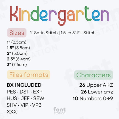 Image showing the different files formats, sizes, stitch type and available characters of the Kindergarten Embroidery Font by FontStation