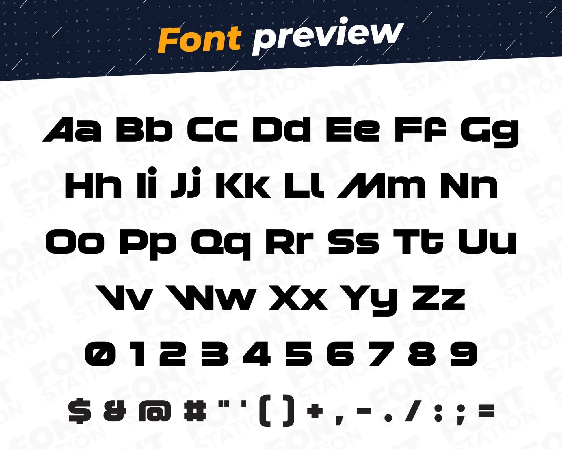 Image showing all characters available in the Laren font created by FontStation.