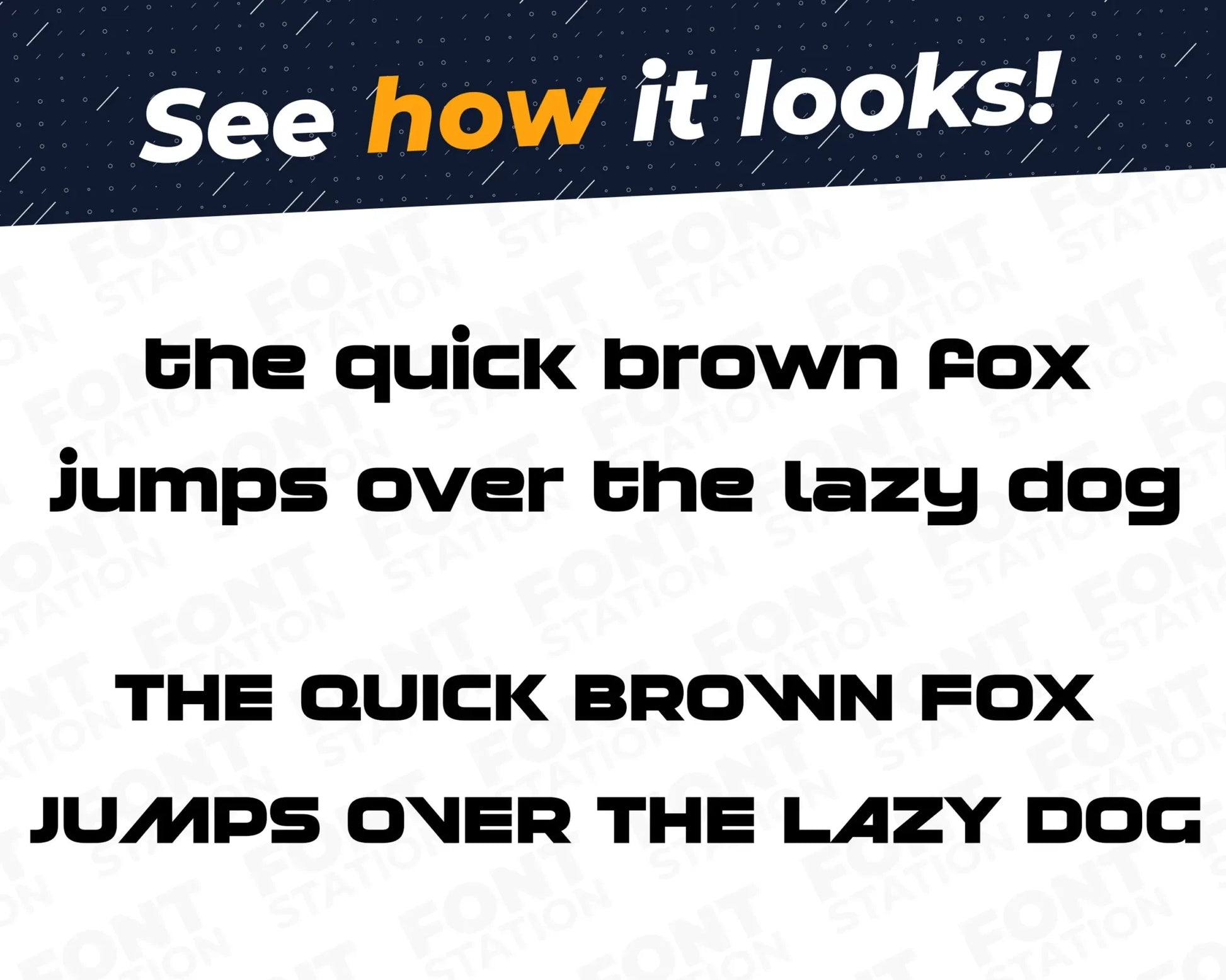 A complete showcase image of the Laren font, featuring the text 'The quick brown fox jumps over the lazy dog' to display every letter of the alphabet.
