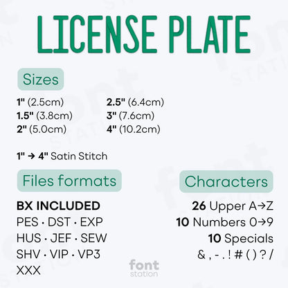 Image showing the different files formats, sizes, stitch type and available characters of the License Plate Embroidery Font by FontStation