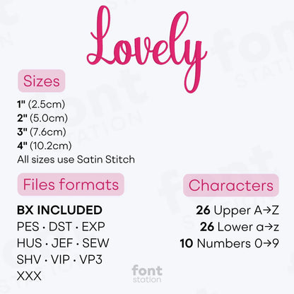 Image showing the different files formats, sizes, stitch type and available characters of the Lovely Embroidery Font by FontStation