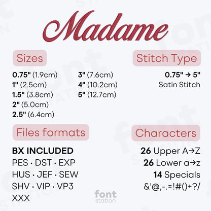 Image showing the different files formats, sizes, stitch type and available characters of the Madame Embroidery Font by FontStation
