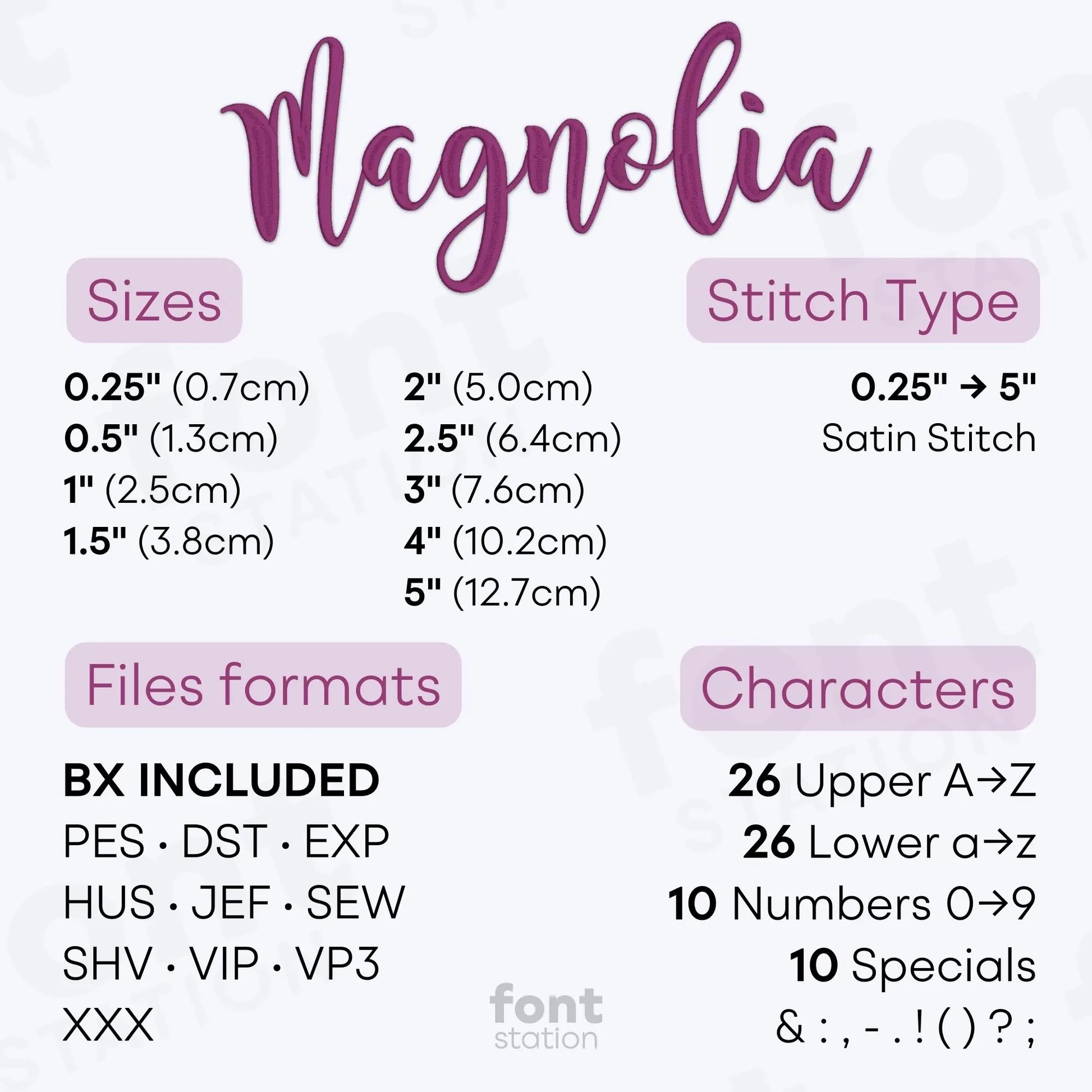 Image showing the different files formats, sizes, stitch type and available characters of the Magnolia Sky Embroidery Font by FontStation