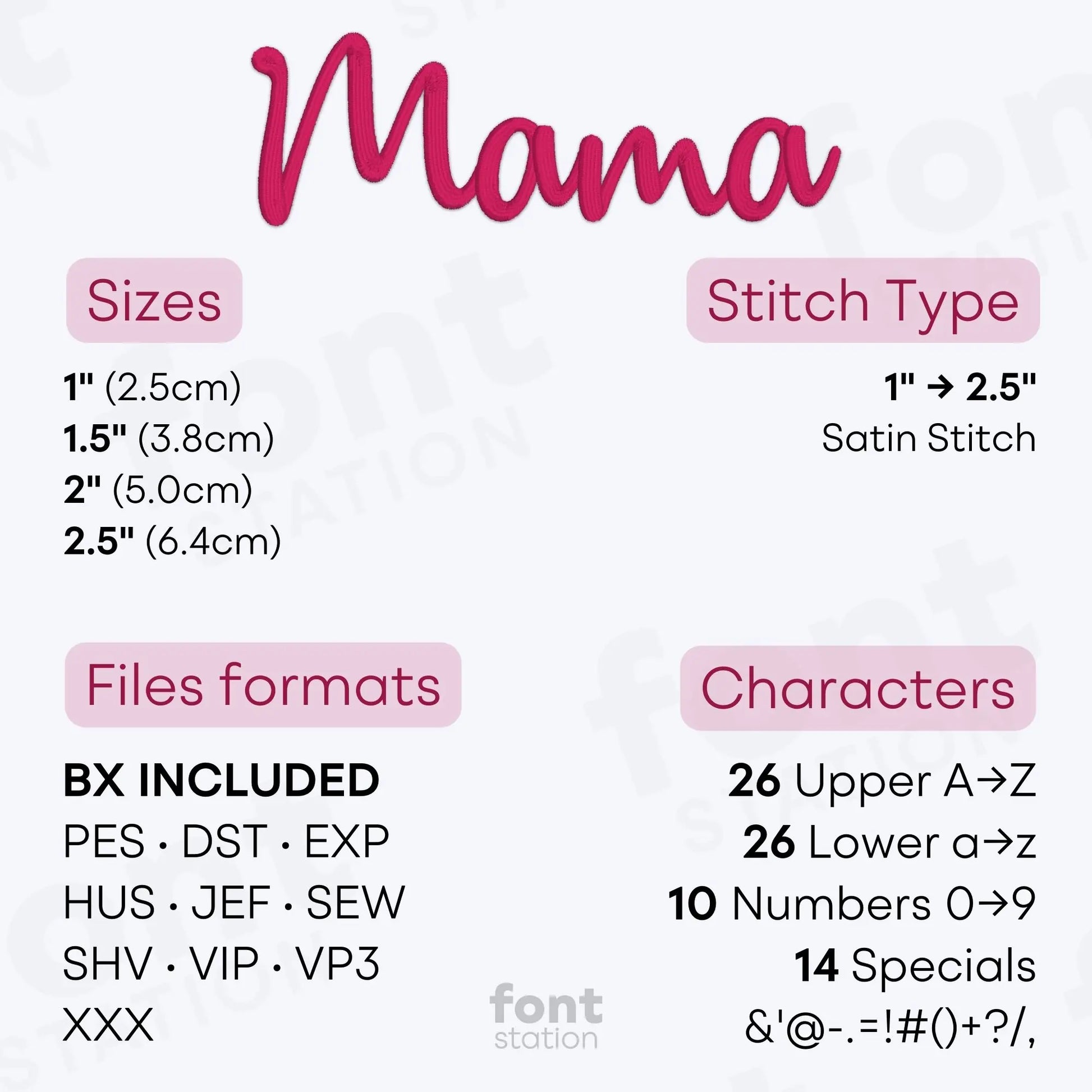 Image showing the different files formats, sizes, stitch type and available characters of the Mama Embroidery Font by FontStation