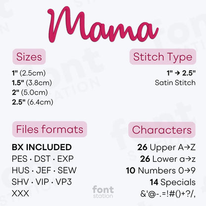 Image showing the different files formats, sizes, stitch type and available characters of the Mama Embroidery Font by FontStation