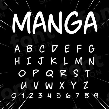 Image showing all characters available in the Manga font created by FontStation.