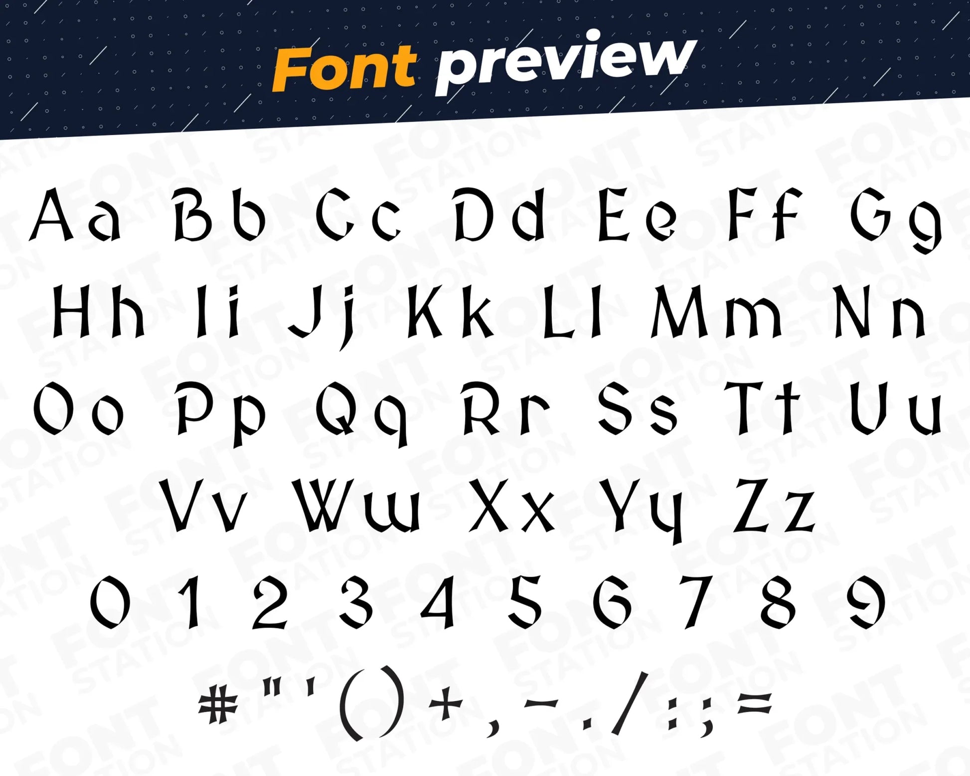 Image showing all characters available in the Medieval font created by FontStation.