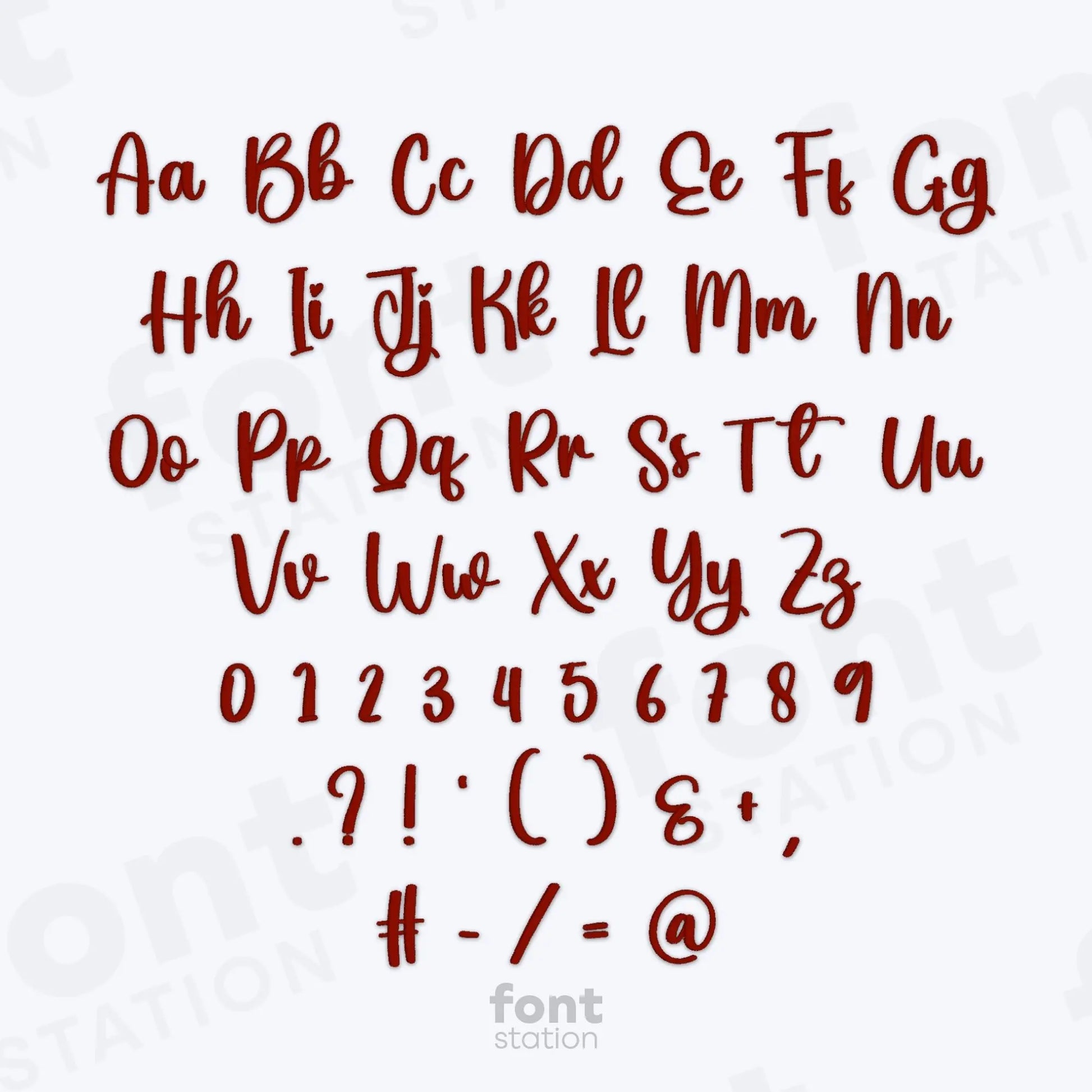 Red cursive alphabet, numbers and special characters on a white background using the Merci embroidery font.