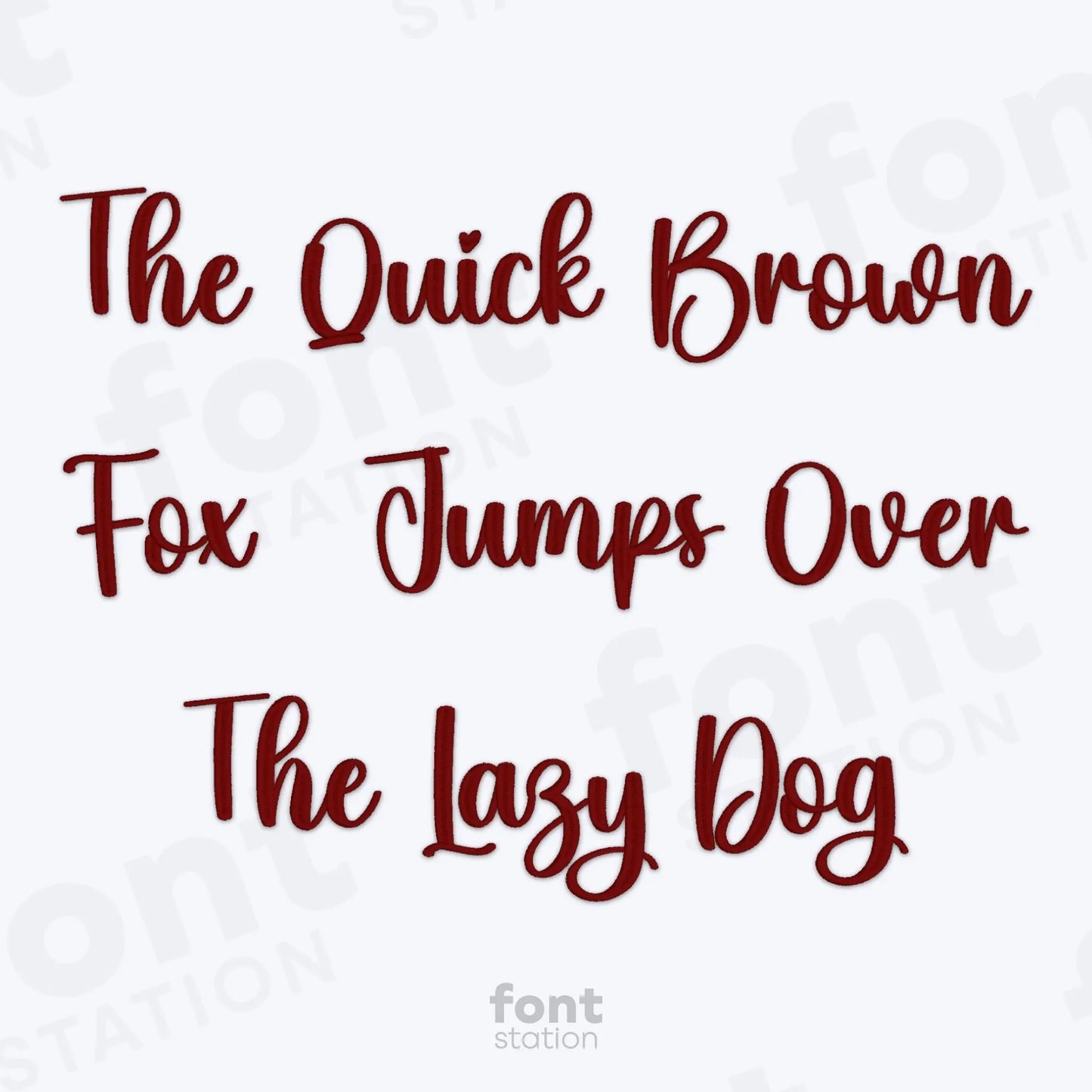 Text 'The Quick Brown Fox Jumps Over The Lazy Dog' in red on a white background using the Merci embroidery font.
