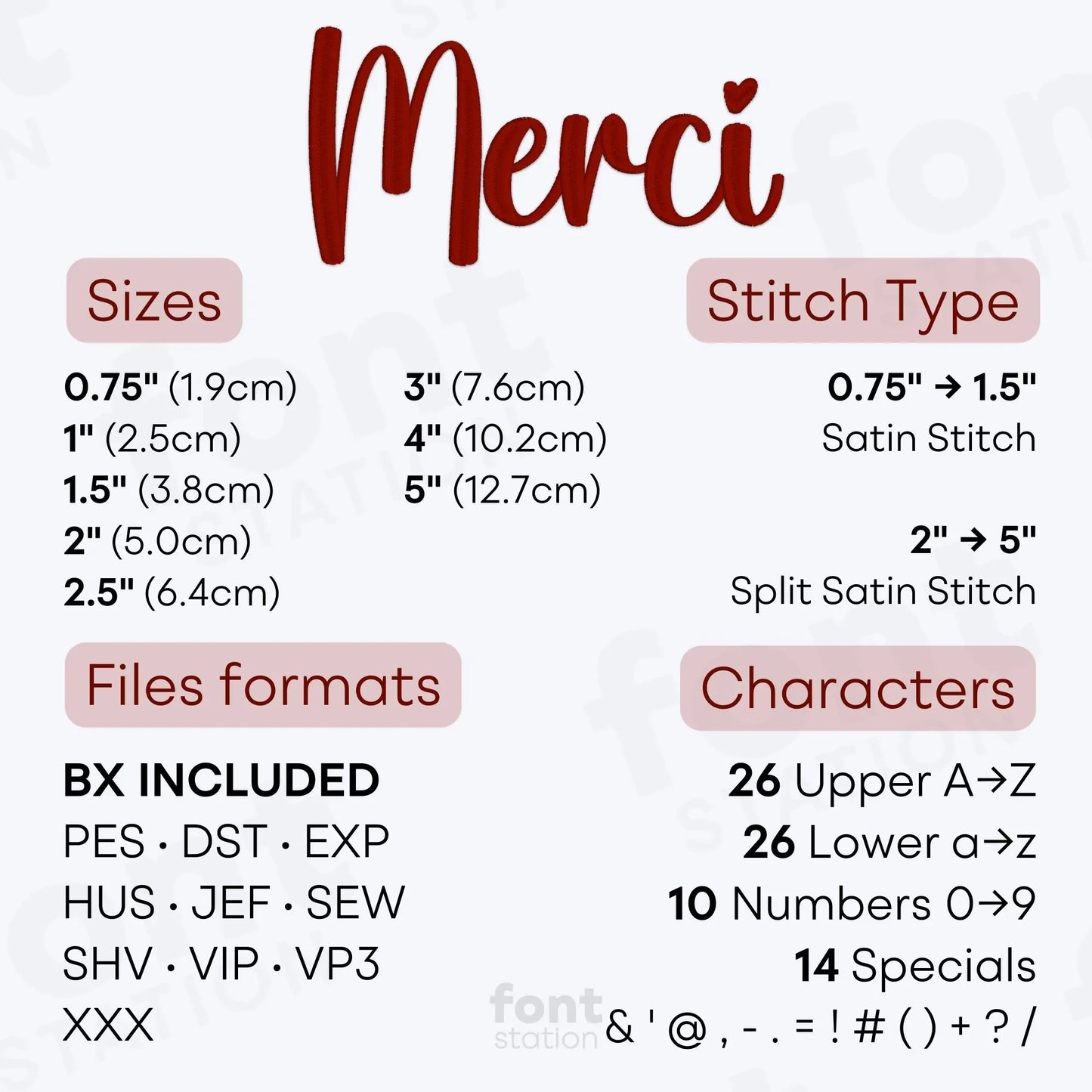 Image showing the different files formats, sizes, stitch type and available characters of the Merci Embroidery Font by FontStation