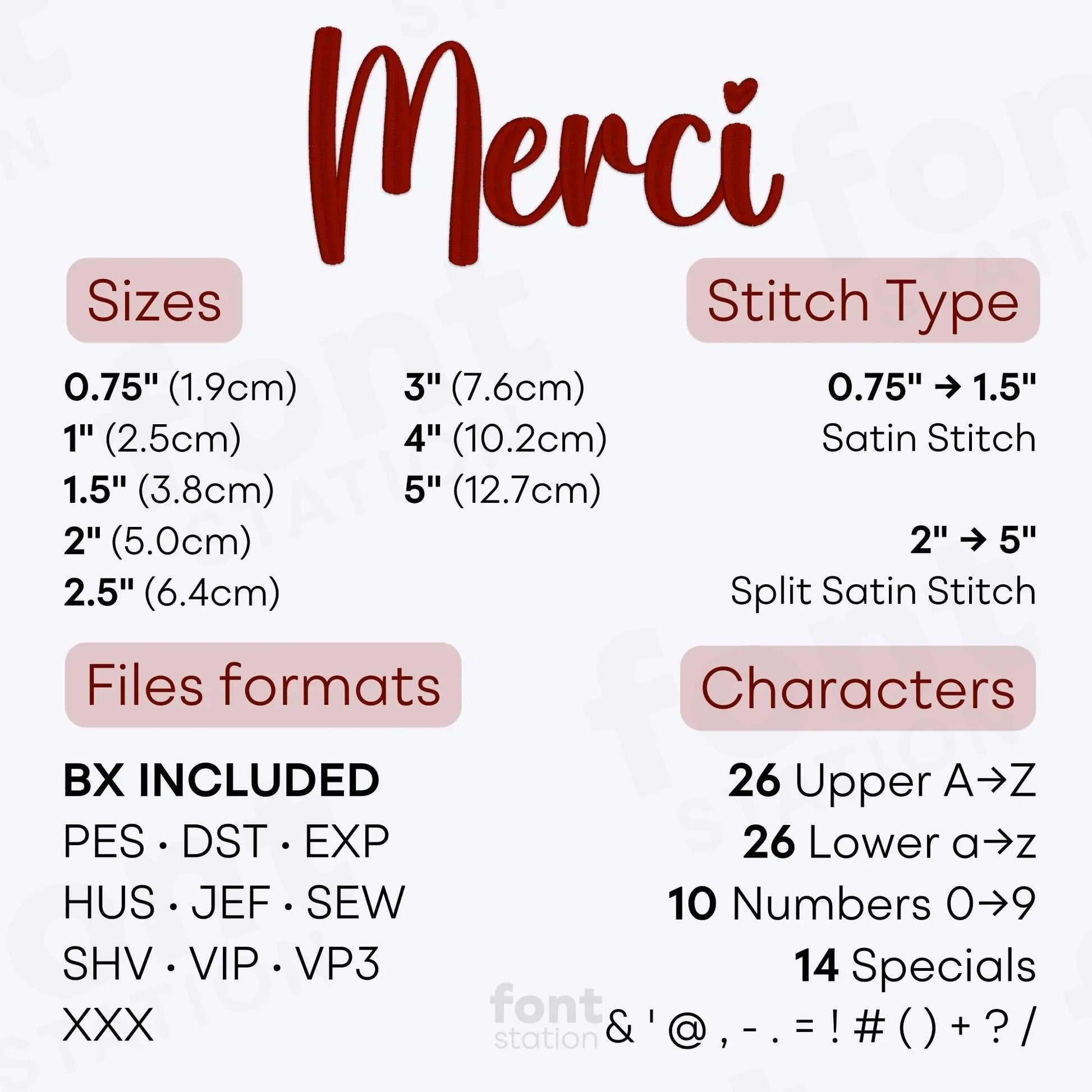 Image showing the different files formats, sizes, stitch type and available characters of the Merci Embroidery Font by FontStation