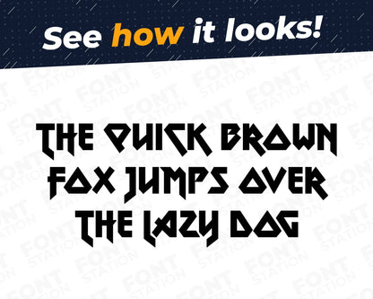 A complete showcase image of the Metal Music font, featuring the text 'The quick brown fox jumps over the lazy dog' to display every letter of the alphabet.