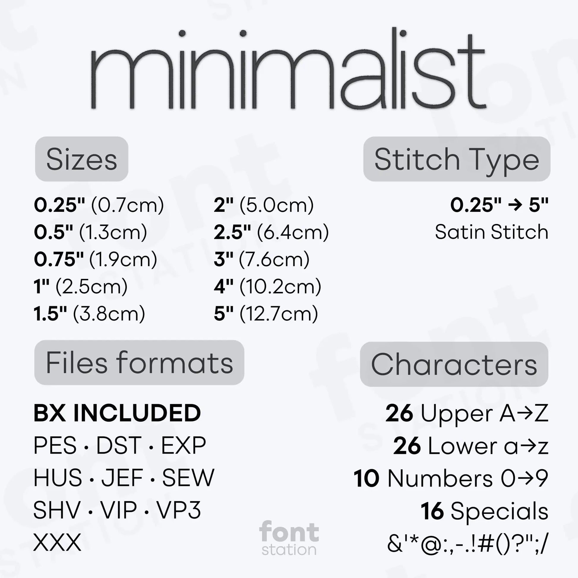 Image showing the different files formats, sizes, stitch type and available characters of the Minimalist Embroidery Font by FontStation