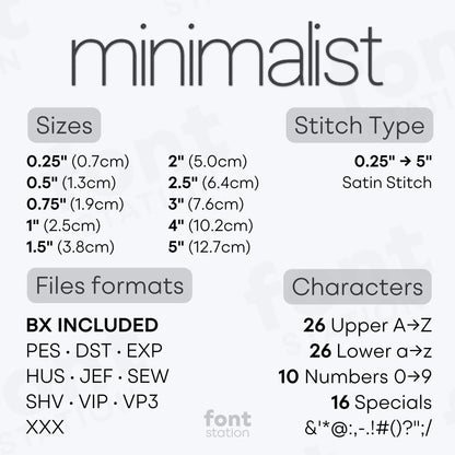 Image showing the different files formats, sizes, stitch type and available characters of the Minimalist Embroidery Font by FontStation