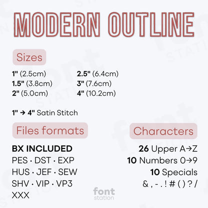 Image showing the different files formats, sizes, stitch type and available characters of the Modern Outline Embroidery Font by FontStation