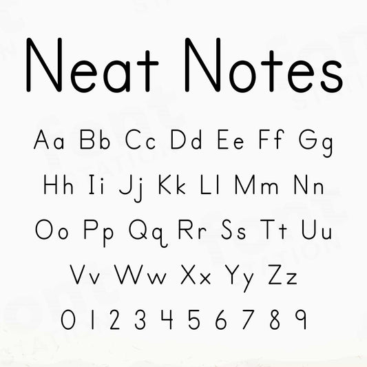 Image showing all characters available in the Neat Notes font created by FontStation.