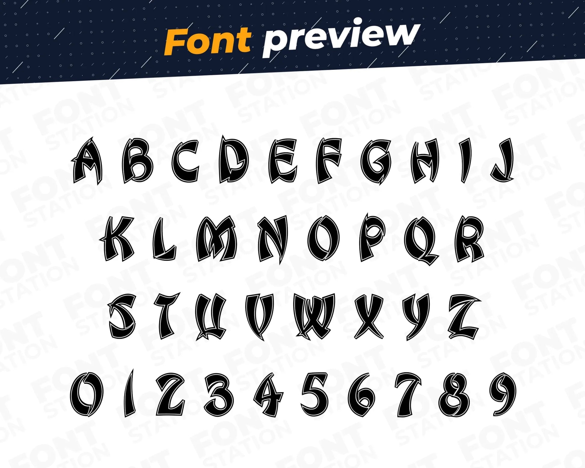 Image showing all characters available in the Ninja font created by FontStation.