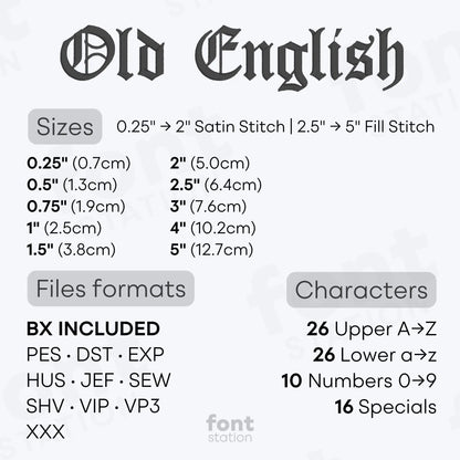 Image showing formats and sizes of the Old English embroidery font created by FontStation