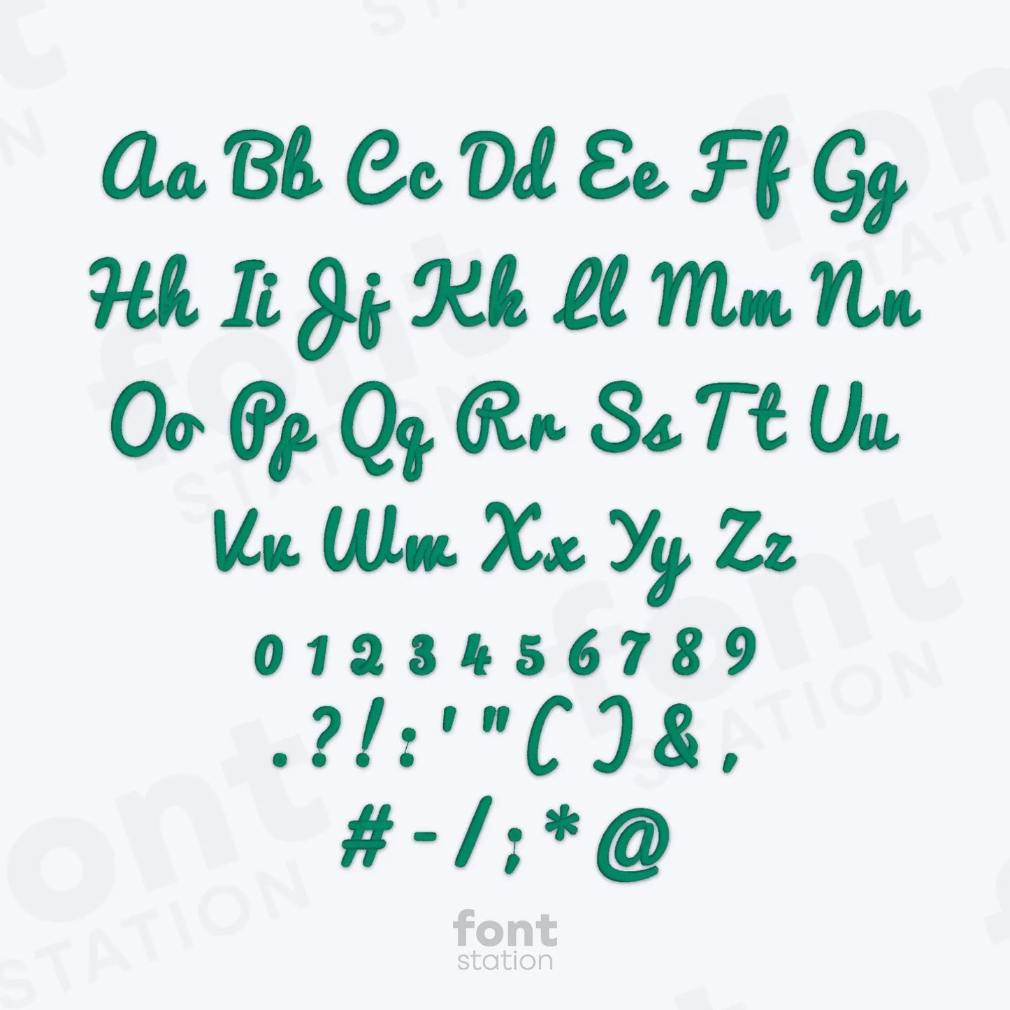 Teal cursive alphabet, numbers and special characters on a white background using the Pacifico embroidery font.