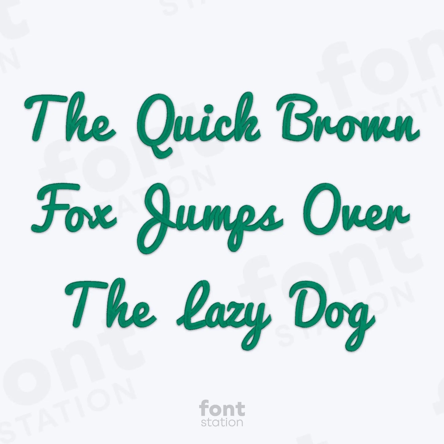 Text 'The Quick Brown Fox Jumps Over The Lazy Dog' in teal text on a white background using the Pacifico embroidery font.