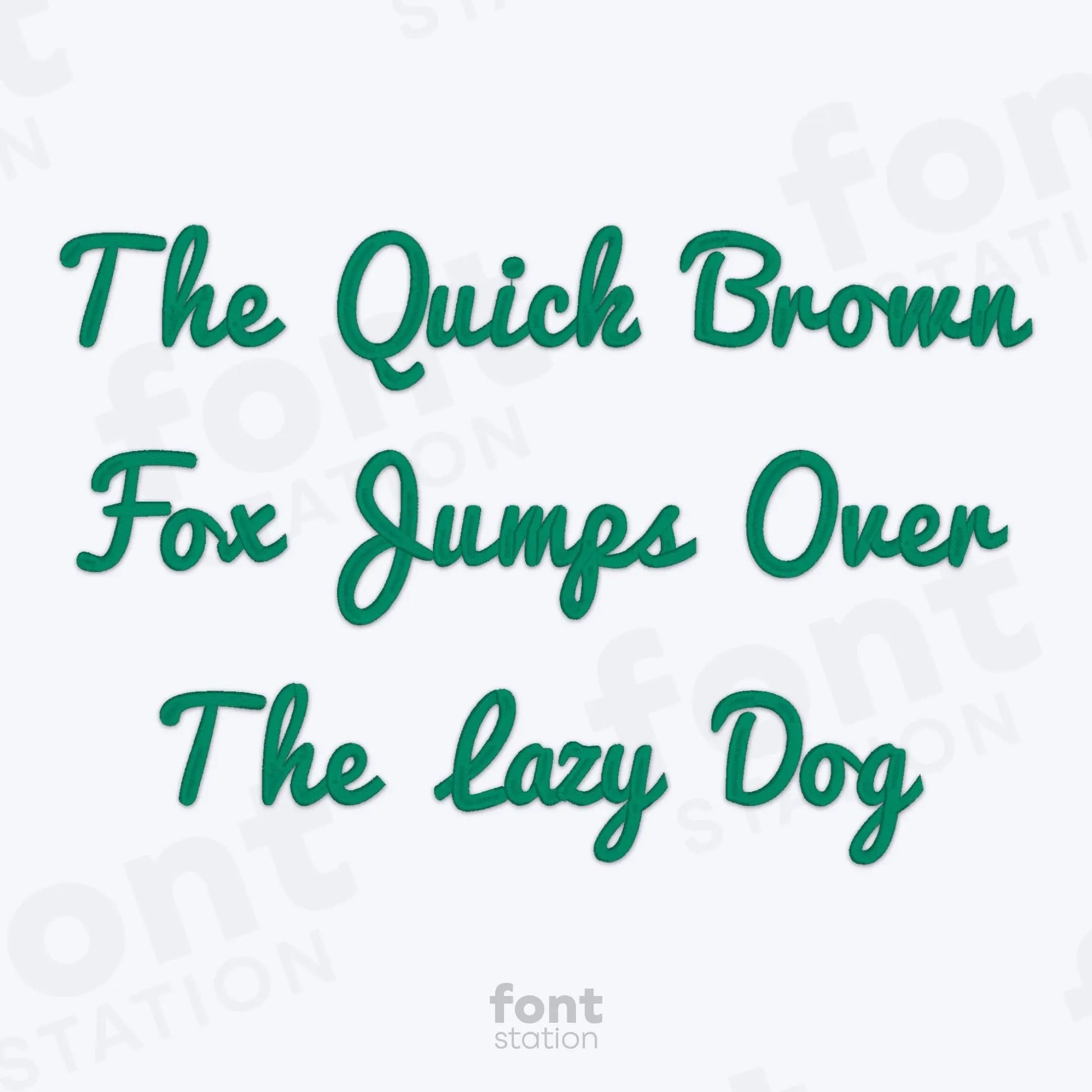 Text 'The Quick Brown Fox Jumps Over The Lazy Dog' in teal text on a white background using the Pacifico embroidery font.