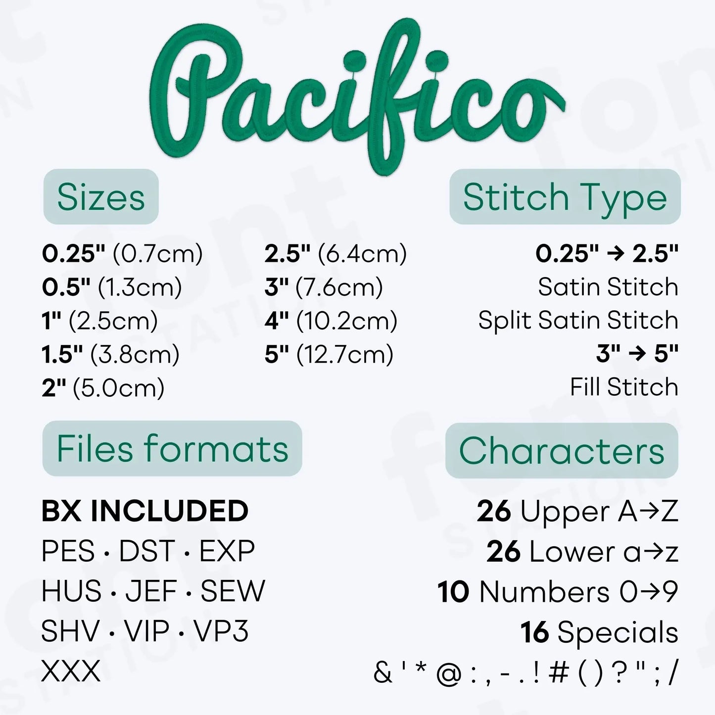Image showing the different files formats, sizes, stitch type and available characters of the Pacifico Embroidery Font by FontStation